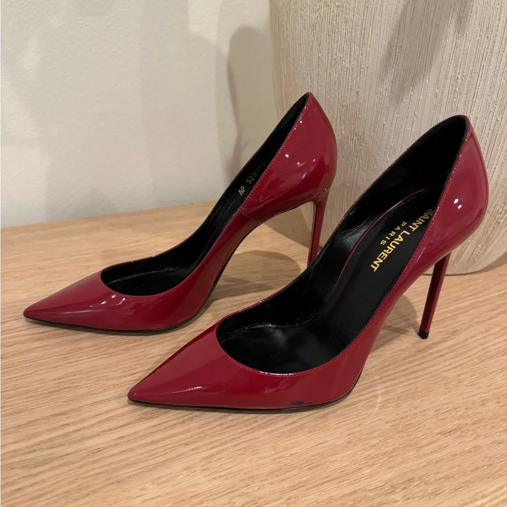 Saint Laurent Burgundy Patent Pointed-Toe Pumps - Picture 14 of 14